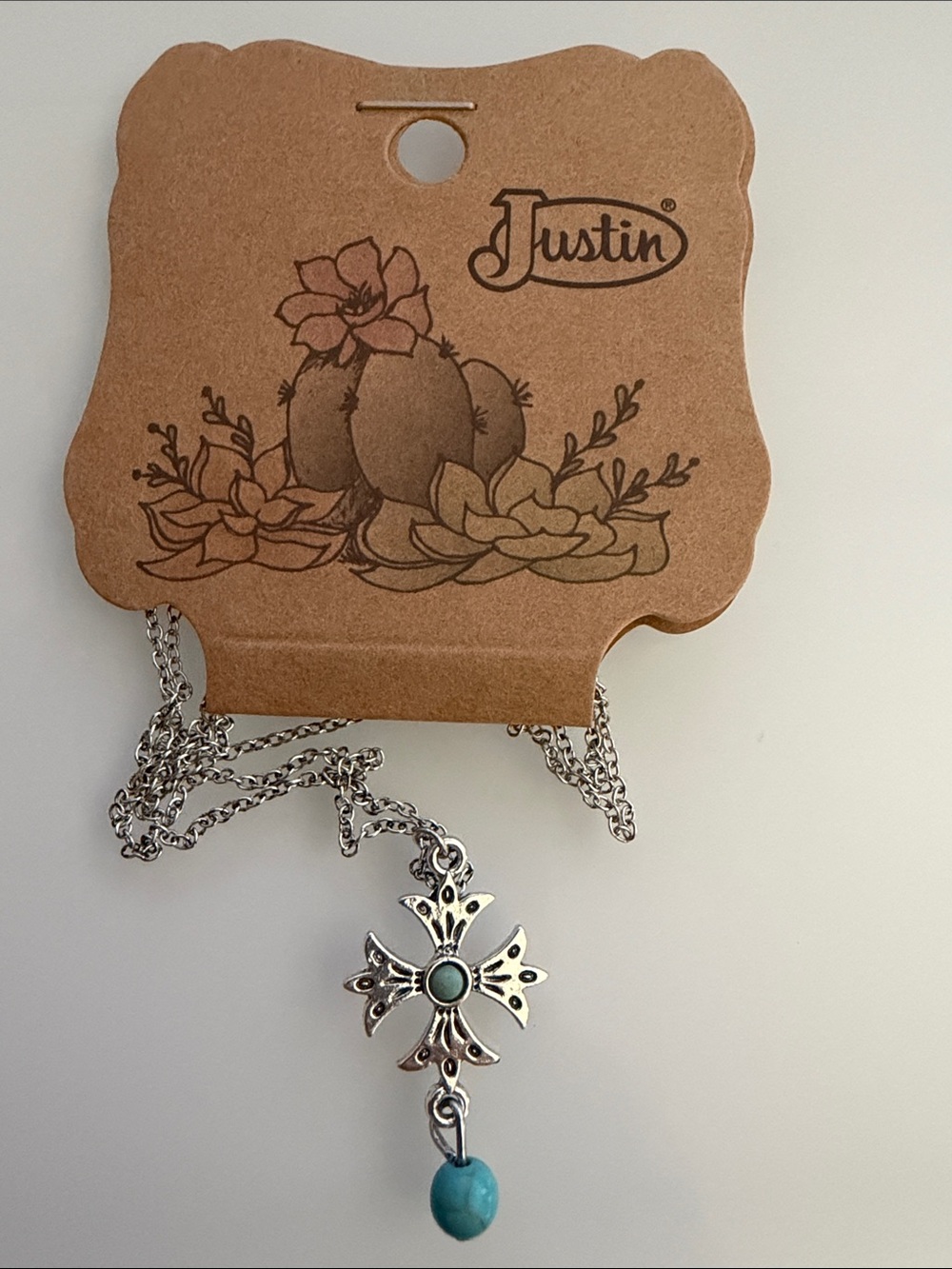 Justin Boots Silver-Tone Cross Necklace with Turquoise Accents